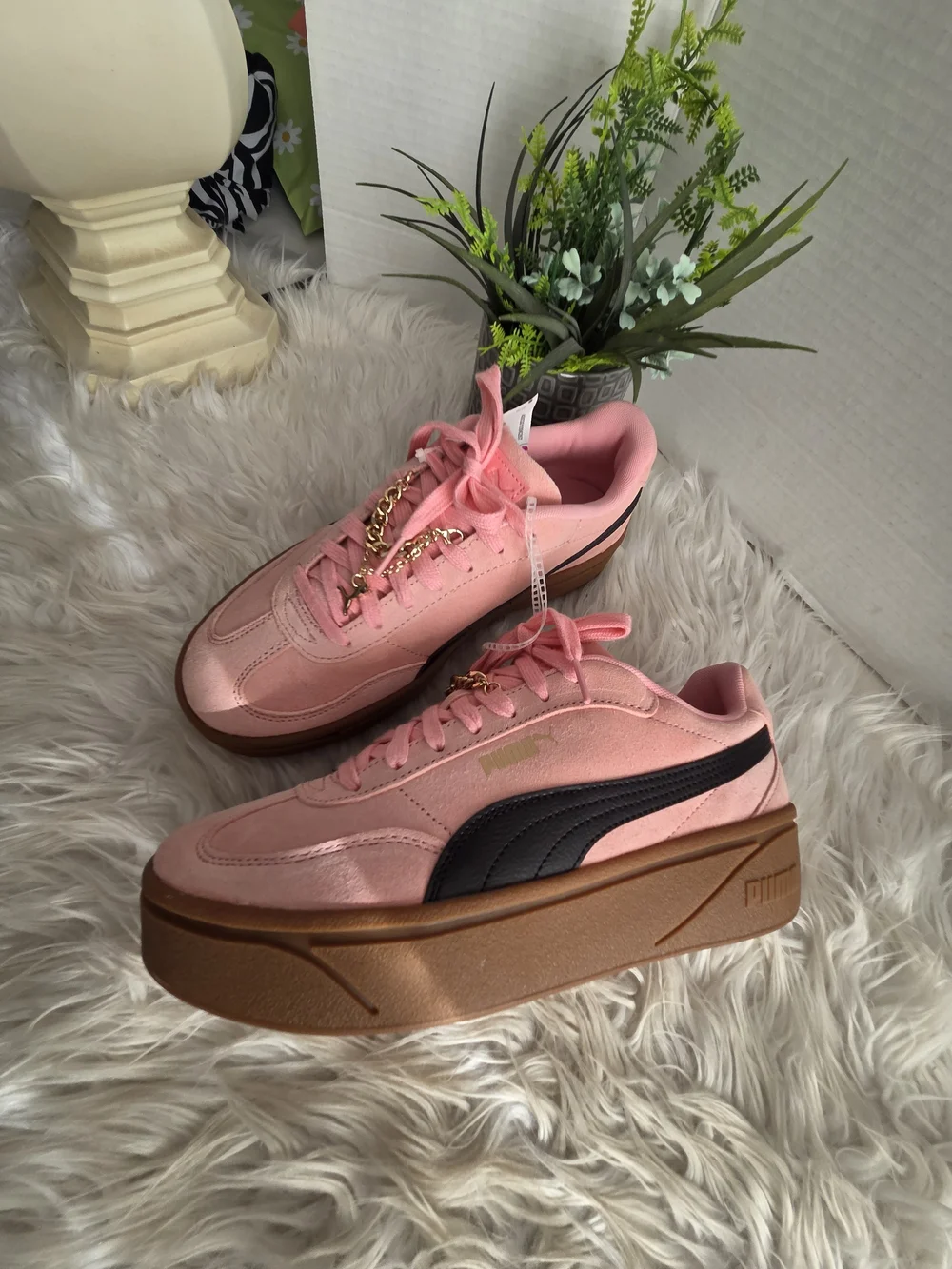 Puma Pink Suede Sneakers with Black Formstripe and Brown Gum Sole